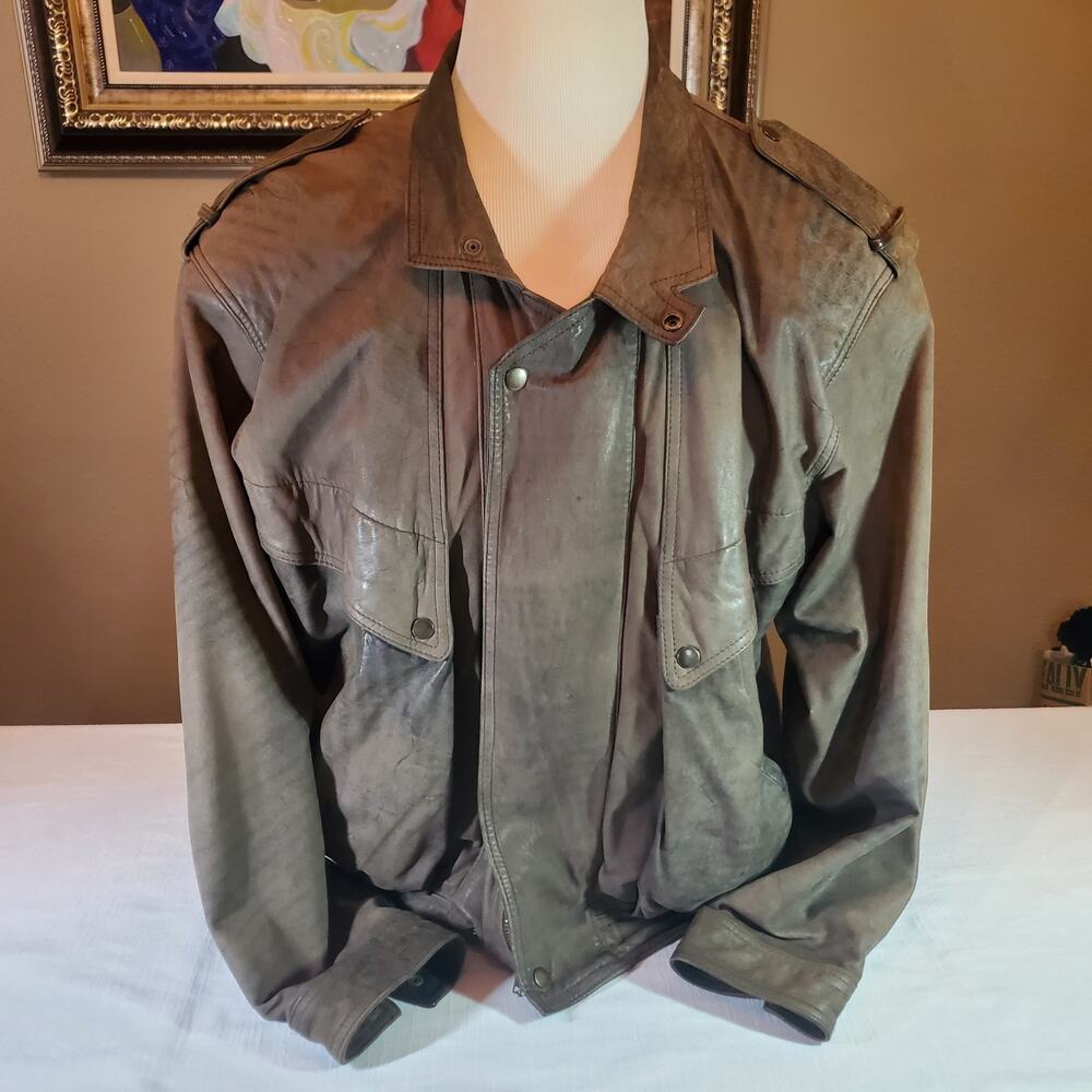 Mens Large Brown Leather Flight Bomber Jacket Full Zip
